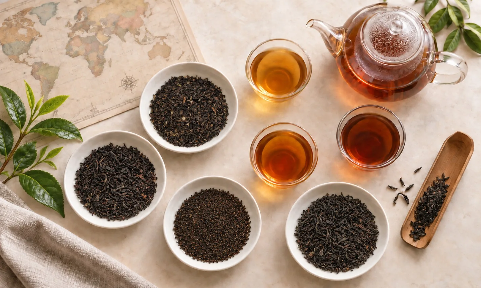 世界地図と産地ごとの紅茶、茶葉、ティーポット