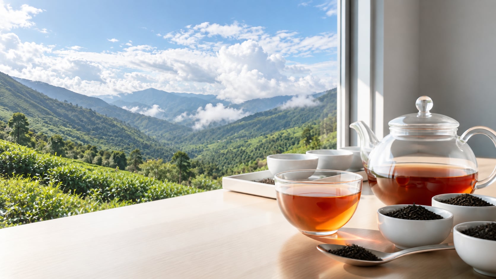 茶畑を望む明るいテイスティングテーブルと紅茶